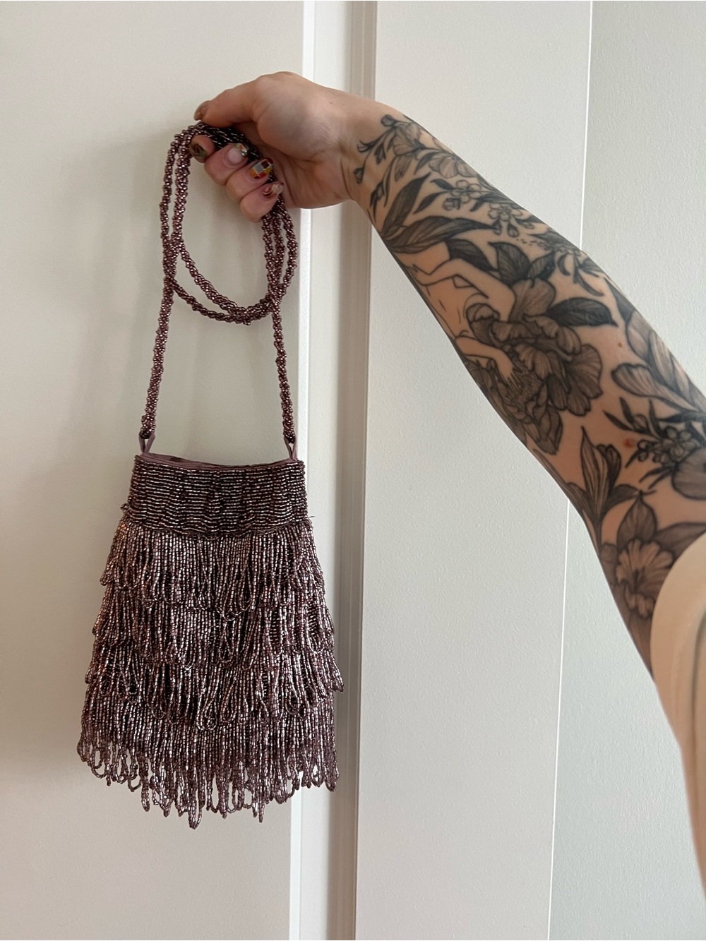ZARA Beaded Fringe Crossbody Bag - Mauve Pink
